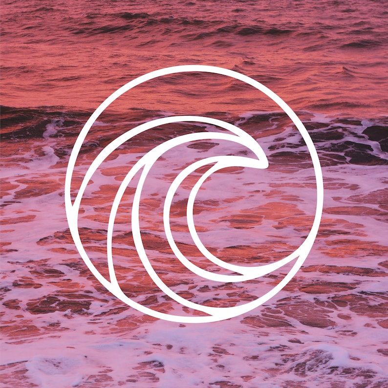 May include: A white wave graphic on a pink and red background. The wave is stylized and has a circular shape.