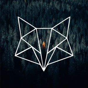 May include: A white geometric fox silhouette outlined against a dark green forest background. The fox is centered in the image and is made up of triangles. A single orange tree is visible in the center of the fox's body.