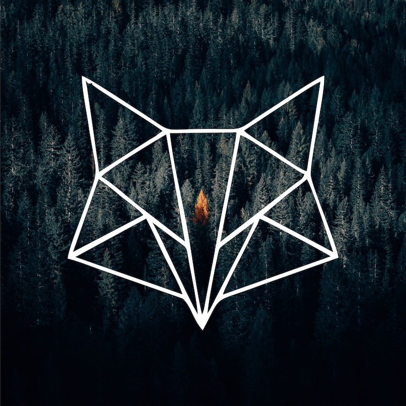 May include: A white geometric fox silhouette outlined against a dark green forest background. The fox is centered in the image and is made up of triangles. A single orange tree is visible in the center of the fox's body.