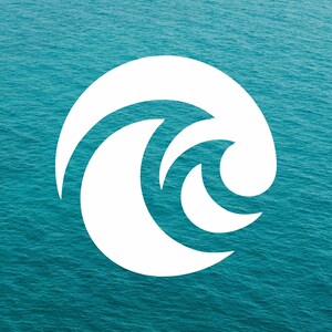 May include: A white stylized wave design on a blue background.