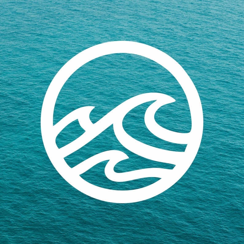 May include: A white circle with a stylized wave design inside, set against a blue ocean background.