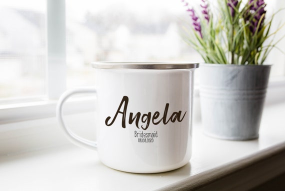 Personalized Bridesmaid Camp Mug, Wedding Gift, 12oz Enamel Mug