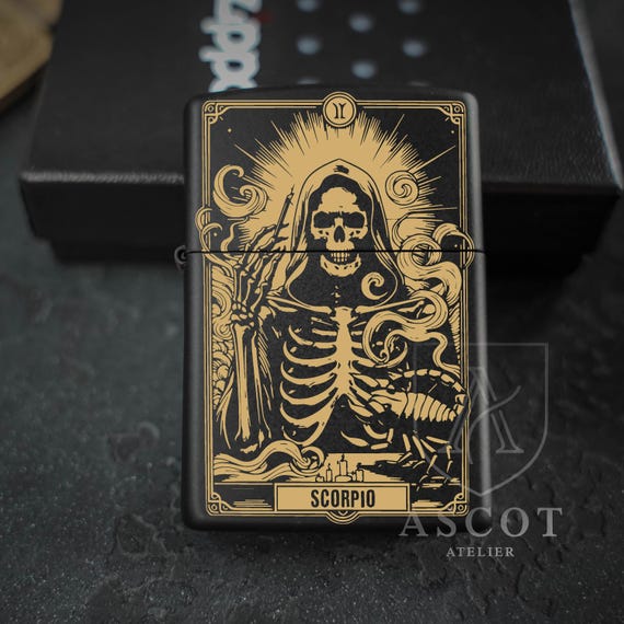 Engraved Zippo Lighter with Skeleton Tarot Art, Gothic Zodiac Design, Unique Gift for Him, Birthday Anniversary Occasions, Custom Lighter