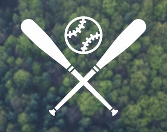May include: Two white baseball bats crossed behind a white baseball with red stitching.