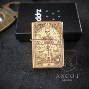 Engraved Zippo Lighter with Skeleton Tarot Art, Gothic Zodiac Design, Unique Gift for Him, Birthday Anniversary Occasions, Custom Lighter 7 Libra
