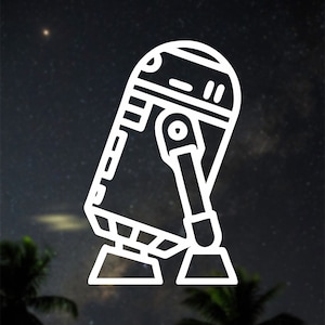 May include: White line art illustration of a robot with a rounded top, a rectangular body, and a single arm. The robot has a two-footed base. The background is a dark night sky with stars and palm trees.
