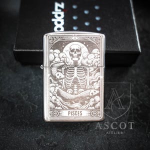 Engraved Zippo Lighter with Skeleton Tarot Art, Gothic Zodiac Design, Unique Gift for Him, Birthday Anniversary Occasions, Custom Lighter 12 Pisces