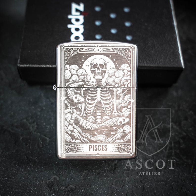 Engraved Zippo Lighter with Skeleton Tarot Art, Gothic Zodiac Design, Unique Gift for Him, Birthday Anniversary Occasions, Custom Lighter 12 Pisces