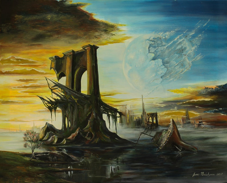 May include: An oil painting depicts a surreal landscape with a decaying structure resembling a bridge or building. The sky transitions from golden hues to a blue, with a large, fragmented moon. A small tree with pink blossoms stands near the water.