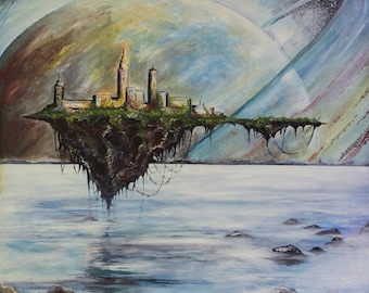 Floating Island,  painted with oil on canvas, floating Manhattan, space theme, science fiction art, Jupiter