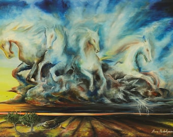 Thunder, running horses through the sky,  thunder horses, storm clouds,  storm sky, running horses through the field, sunset, collecting art