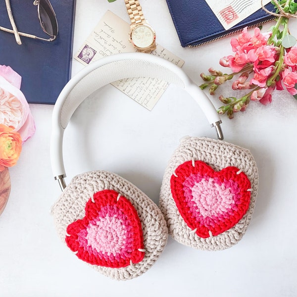 Handmade Airpods Max Cover, Crochet Heart on Beige Airpod Max Case, Gradation Heart Cute Airpods Max Accessory, Crochet Gift