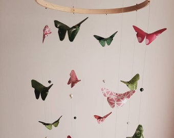 001a-Origami baby mobile "Swarm of green and pink butterflies"