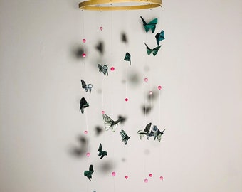 022 - Baby mobile / Pendant lamp "Green and Pink butterfly propeller"