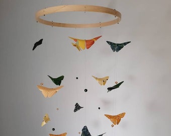 001d- Mobile for children / Baby room "Swarm of butterflies" composed of 20 green and yellow origami butterflies, 20 beads.