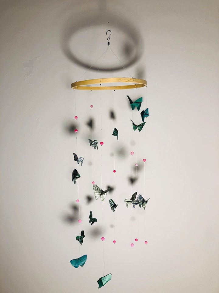 022 - Baby mobile / Pendant lamp "Green and Pink butterfly propeller"