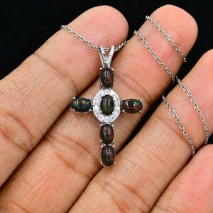 4x6mm Natural Cabochon Black Opal Cross Necklace Pendant, 925 Sterling Silver, Ethiopian Opal Holy Cross, October Birthstones, Gift For Her
