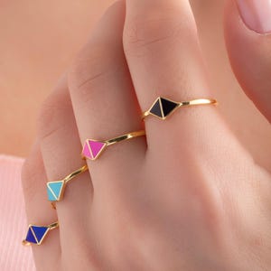 Minimalist Blue Enamel Geometric Triangle Shaped Gold Ring, Modern Stackable Gift for Women