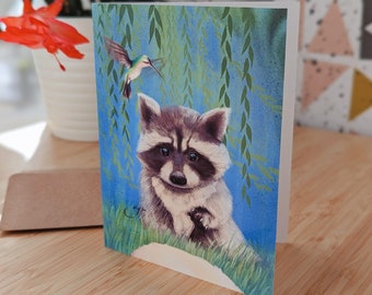 Cute animal Blank Greeting card - Racoon & hummingbird 4x6 blank note card, animal lover gift for a friend, unique card for any occasion