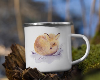 Enamel Mug with cute fox, gift for animal lover, camping cup, forestcore gift for outdoors enthusiast or traveller