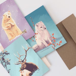 Winter Animal Greeting Card Trio – Polar Bear, Deer and Arctic Fox for Holiday & Seasonal Gifting