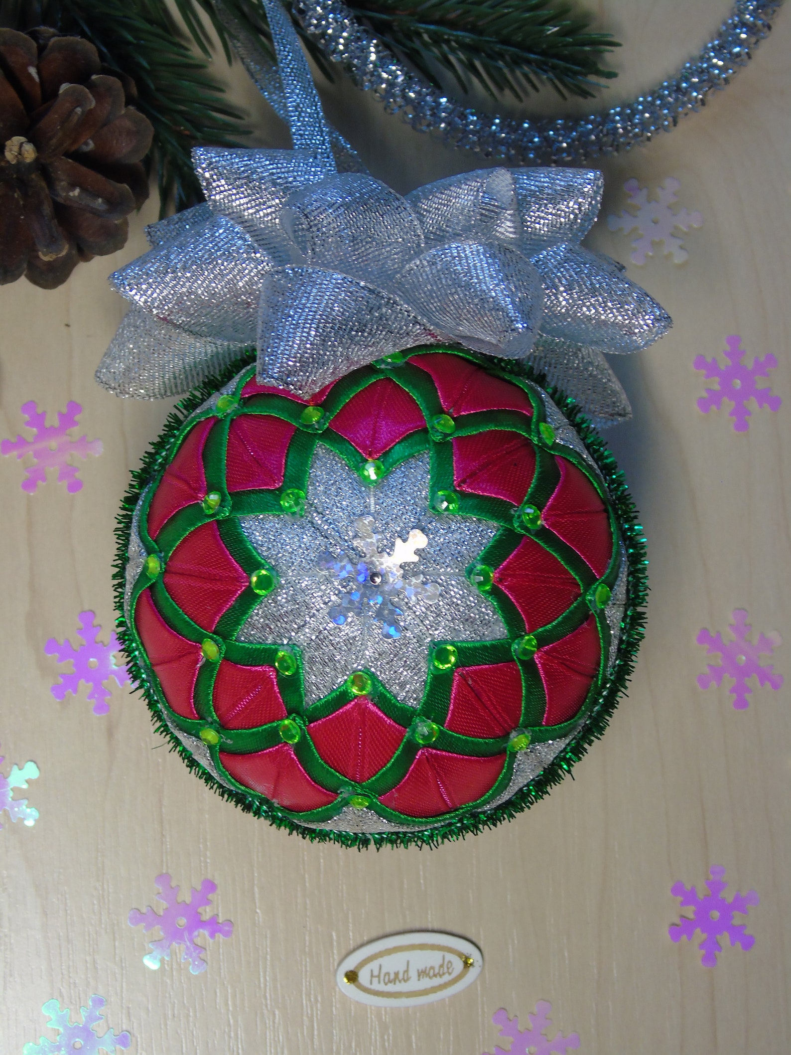 Christmas Ball Quilted Ribbon Ornament Green Red Silver Tree Etsy