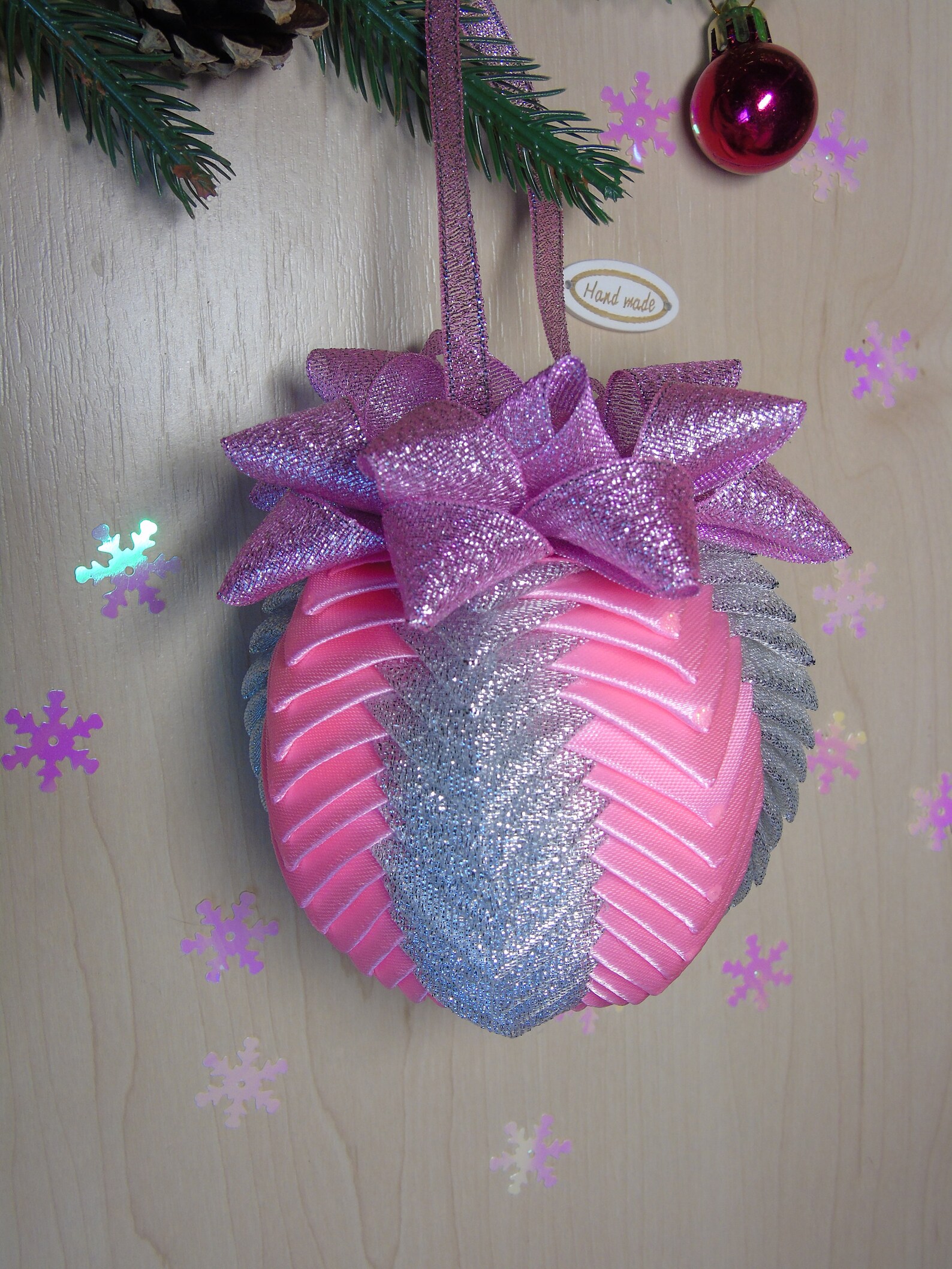Christmas ball satin ribbon quilted ornament pinecone silver Etsy