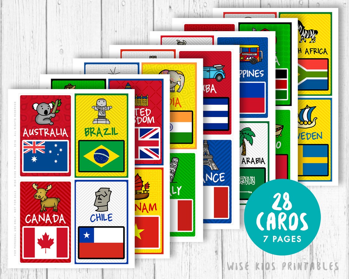 World Flags Printable Flash Cards for Kids room Decor, Educational