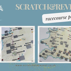 May include: A set of four scratch-off posters featuring a map of England with racecourses marked. The posters are labelled "Scratch & Reveal Racecourse Posters" and include the website "www.scratchandreveal.co.uk".