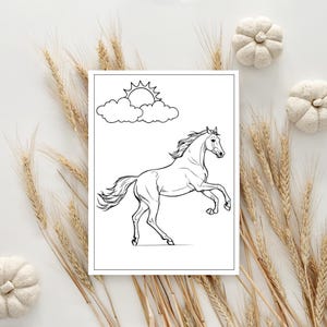May include: A black and white line drawing of a horse running with a sun and cloud in the background. The horse is in mid-air with its legs extended.