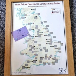 May include: A framed map of Great Britain with a scratch-off coating over the locations of 60 racecourses. The map is labelled "Great Britain Racecourse Scratch-Away Poster" and includes a key indicating the types of races held at each location: Flat, National Hunt, and Both Codes.