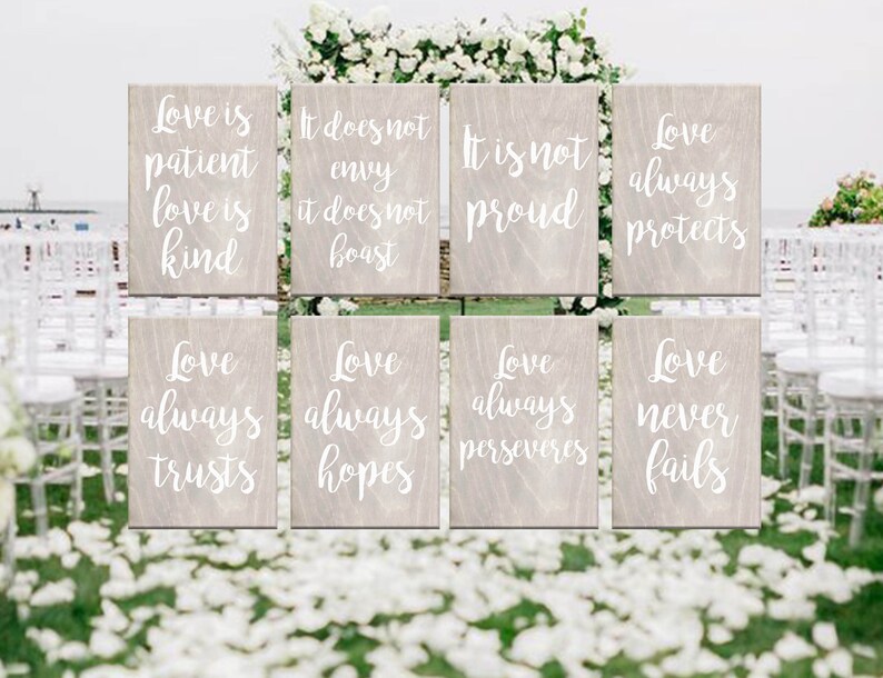 Wedding Aisle Signs, 1 Corinthians 13, Love Is Patient love is kind, Rustic Wedding, Ceremony Decor, Wedding Decor, Set of 8,10,12