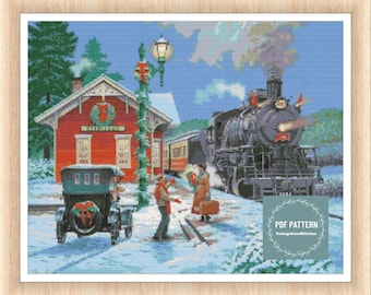 May include: A vintage car with a red bow waits at a train station decorated for Christmas. A steam engine train pulls into the station with a couple standing on the platform. The station is decorated with a wreath and a Christmas tree.