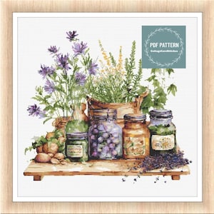 May include: A cross stitch pattern featuring a still life of jars filled with purple flowers, herbs, and fruit. The jars are arranged on a wooden shelf with a basket of flowers behind them. The pattern is titled "PDF Pattern CottageCoreStitches".