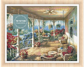 Summer Veranda cross stitch pattern, printable pdf pattern, Cross Stitch Chart, instant download, Digital counted cross stitch