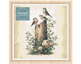 Birds cross stitch pattern pdf, spring scenery cross stitch, digital pattern pdf, Cross Stitch Chart, instant download, vintage card pattern