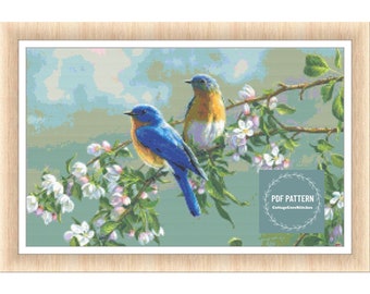 Bluebirds on flowering branches, cross stitch patterns pdf, digital pattern pdf, Cross Stitch Chart, instant download, Counted cross stitch