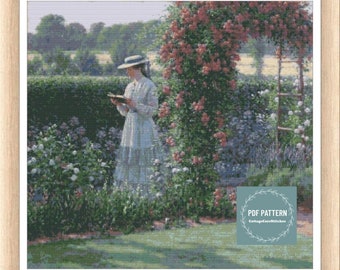 Romantic lady cross stitch pattern pdf, printable pdf pattern, instant download, Digital counted cross stitch chart