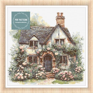 May include: A watercolour painting of a charming cottage with a brick chimney and a stone facade. The cottage is surrounded by lush greenery and pink roses. The image includes the text "PDF PATTERN CottageCoreStitches".