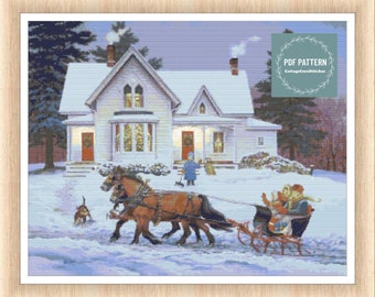 Winter Sleigh Ride Cross Stitch Pattern, Christmas Snowy House Counted Cross Stitch, Vintage Winter Scene PDF, Digital Embroidery Pattern