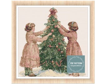 Vintage Christmas Tree Cross Stitch Pattern, Victorian Girls Decorating Tree, Christmas Embroidery PDF, Antique Holiday Needlework