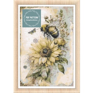 Bee cross stitch pattern PDF - digital download - insect honey bee floral nature embroidery - farmhouse pdf pattern - counted cross stitch