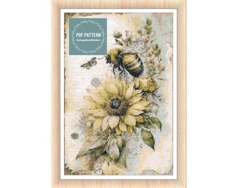 Bee cross stitch pattern PDF - digital download - insect honey bee floral nature embroidery - farmhouse pdf pattern - counted cross stitch