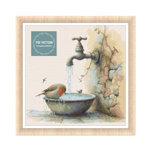 Korsstygnsmönster för fåglar i pdf-format, korsstygn för vinterlandskap, digitalt mönster i pdf-format, korsstygnsdiagram, omedelbar nedladdning