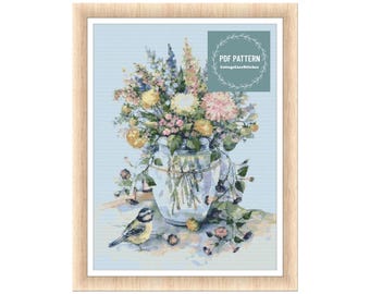 Flowers in Mason Jar, kruissteekpatronen pdf, afdrukbaar pdf-patroon, kruissteekkaart, instant download, digitale getelde kruissteek