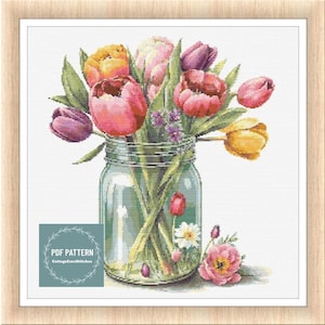 Flowers in Mason Jar, cross stitch patterns pdf, printable pdf pattern, Cross Stitch Chart, instant download, Digital counted cross stitch