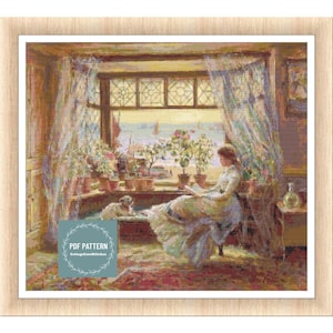 Reading by the window cross stitch pattern pdf, printable pdf pattern, instant download, Digital counted cross stitch chart