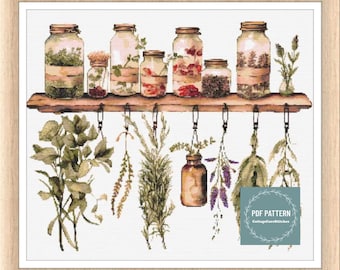 Kitchen herbs in jars and drying herbs cross stitch pattern pdf, printable pdf pattern, Cross Stitch Chart, instant download,digital pattern
