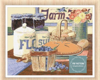 Blueberry Pie cross stitch pattern, printable pdf pattern, Cross Stitch Chart, instant download, Digital counted cross stitch, embroidery