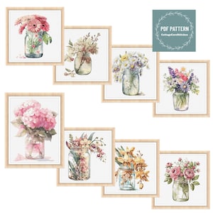 Kruissteekpatroon BUNDEL, Flowers in Mason Jar, afdrukbaar pdf-patroon, kruissteekkaart, instant download, digitale getelde kruissteek